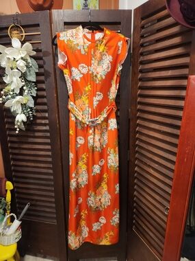 Leslie Fay Bright Orange Floral Maxi Dress with Cream & Green